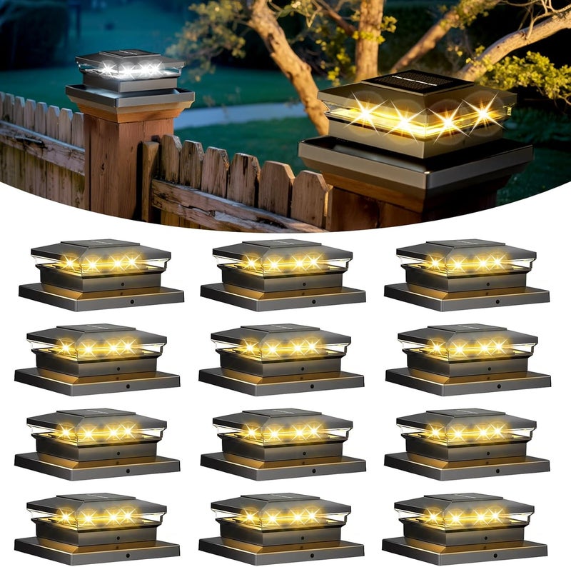FEACORT Solar Post Cap Lights 12 Pack, Fence Post Solar Lights, Warm White/Cool White Lighting, Black Waterproof Outdoor Post Lights for Garden Patio Porch, 4x4, 5x5 or 6x6 Vinyl/Wooden Posts - Image 1